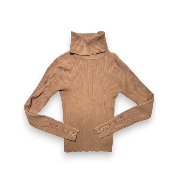 John + Jenn Tan Buttoned Cuff Ribbed Turtleneck Sweater Size Small - Picture 4 of 9